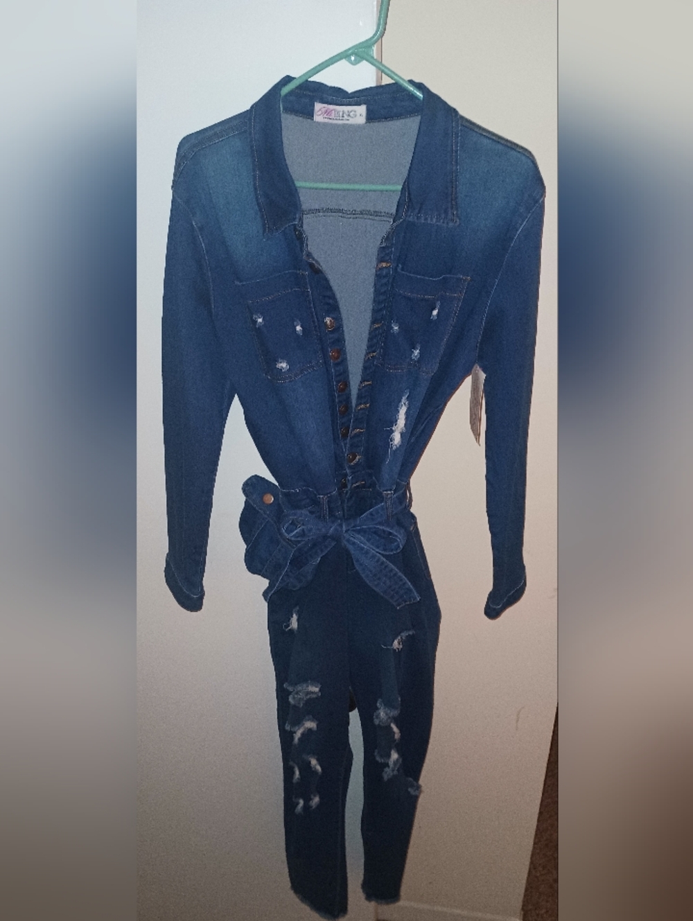 Ms. Bling Dark Blue Distressed Women's Denim Jumpsuit SZXL/14-16